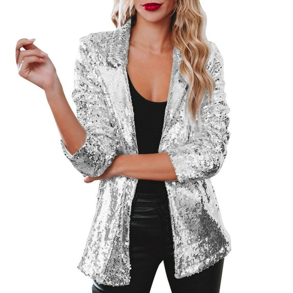 Gvdentm Womans Blazers Shiny Sparkle Sequins Long Sleeve Zip Blazer Halloween Party Bomber Jacket Blazer Jacket for Women Silver,S