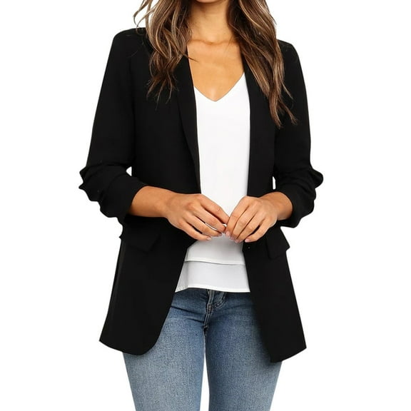 Gvdentm Women 3/4 Sleeve Blazer Open Front Cardigan Jacket Work Office Blazer Black,XL