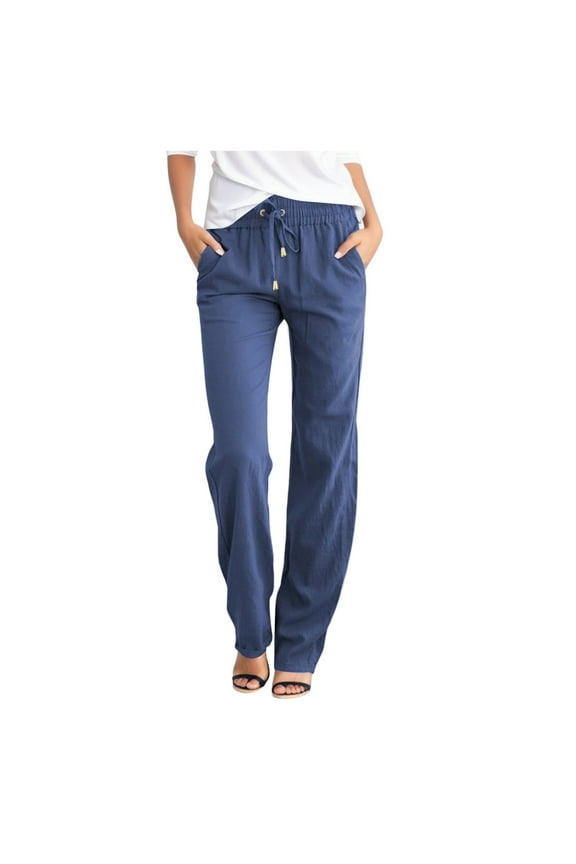 Women Athletic Work Woman Yoga Straight Leg, Casual Cotton and Linen Solid Drawstring Elastic Waist Lounge Pants and Jogger(Blue,XL)