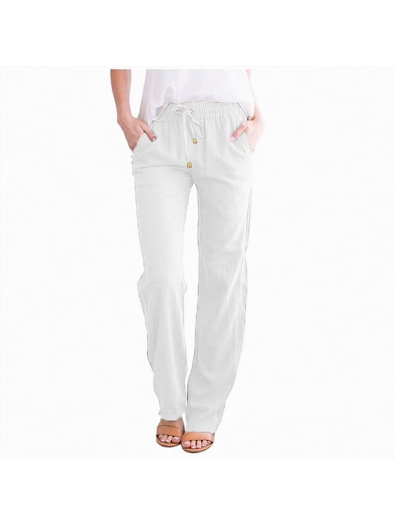Women Athletic Work Woman Yoga Straight Leg, Casual Cotton and Linen Solid Drawstring Elastic Waist Lounge Pants and Jogger(White,XL)