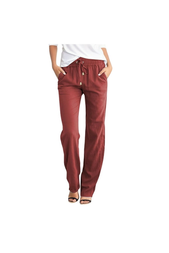 Women Athletic Work Woman Yoga Straight Leg, Casual Cotton and Linen Solid Drawstring Elastic Waist Lounge Pants and Jogger(,L)