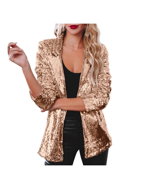 Women Sequin Jacket Glitter Sparkle Open Front Casual Long Sleeve Sparkly Blazer Gold,M