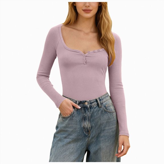 Gvdentm Women Tshirt Dress Women's Henley Shirts Long Sleeve Square Neck Ribbed Button Knit Sweater Solid Color Tops Slim Fit(Purple,S)