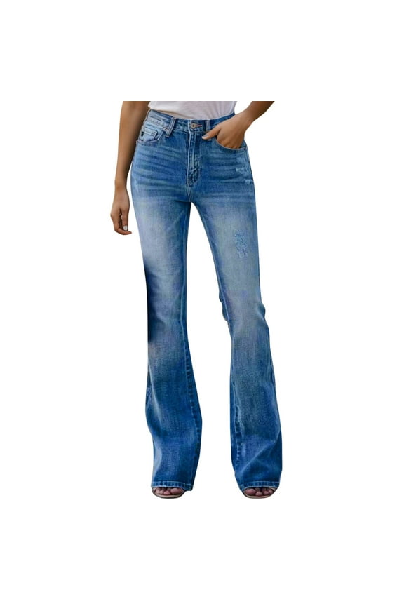 Women's Flare Bell Bottom Jeans High Waisted Wide Leg Bootcut Jeans Denim Pants Blue,XL