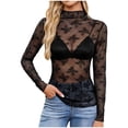 thumbnail image 1 of Gvdentm Women's Shirts Women's Mesh Top Long Sleeve Neck Sheer Blouse See Through Floral Lace Tops(Black,S), 1 of 8