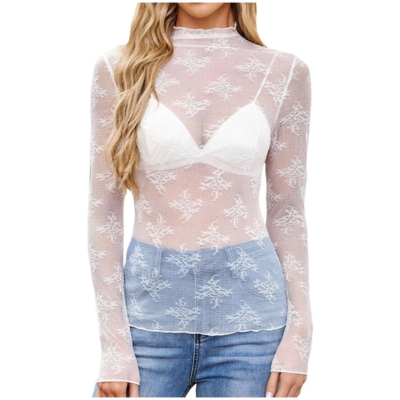 Gvdentm Women's Shirts Women's Mesh Top Long Sleeve Neck Sheer Blouse See Through Floral Lace Tops(White,S)