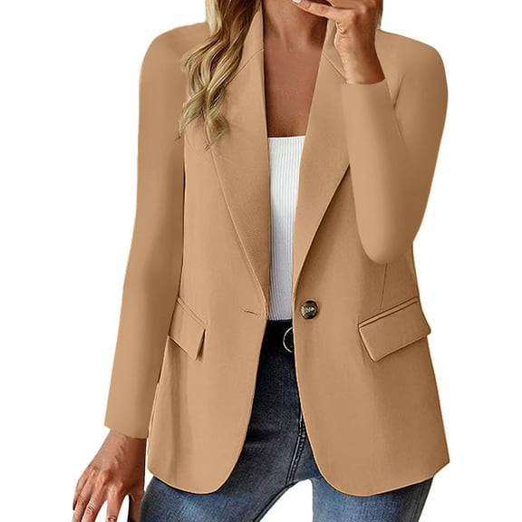 Gvdentm Women's Solid Color Blazer Buiness One Button Waisted Suit Coat Khaki,L
