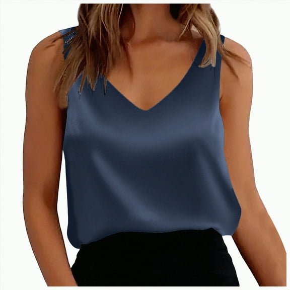 Gvdentm Women's Tank Tops Womens Silk Satin Tank Tops V Neck Casual Cami Sleeveless Camisole Blouses Summer Basic Tank Shirt(Navy,2XL)