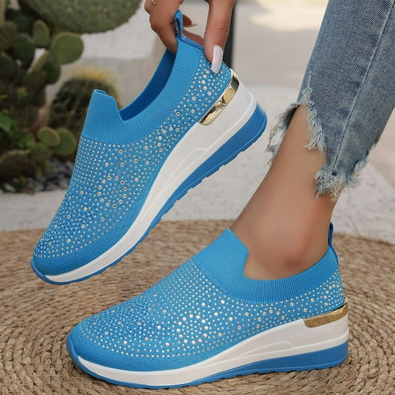 Gvdentm Women's Walking Shoes Sock Sneakers Mesh Slip On Lady Girls Modern Jazz Dance Easy Shoes Platform Loafers Sky Blue,8.5