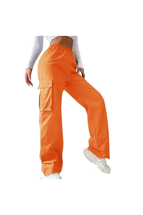 Womens Cargo Sweatpants Oversized Joggers Fall Fashion Outfits Y3k Clothes with Pockets Wide Leg Pants Trousers for Women(Orange,S)