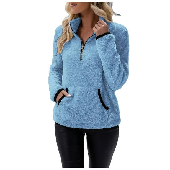 Gvdentm Womens Fleece Jacket with Hood Women Sherpa Fleece Pullover Quarter Zip Long Sleeve Fluffy Soft Sweaters Jacket Plus Size Winter Coats with Pockets Blue,M