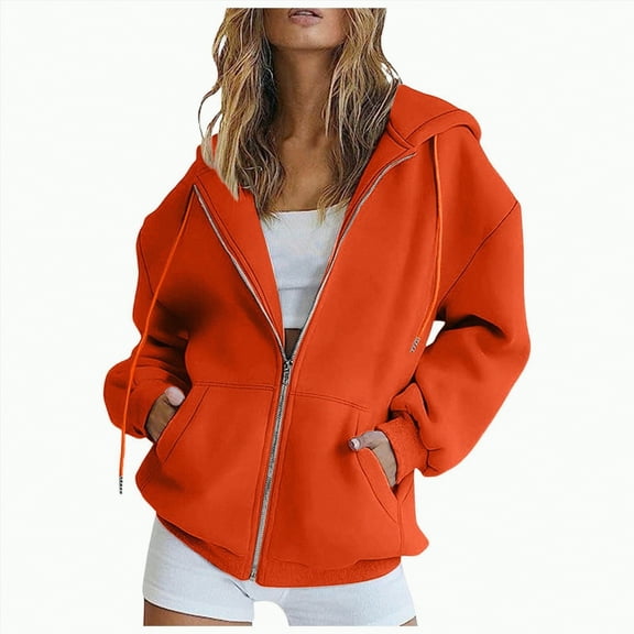 Gvdentm Womens Hooded Sweatshirt Women's Full Zip Up Hoodie Long Sleeve Hooded Sweatshirts Pockets Jacket Coat for Women(Orange,XL)