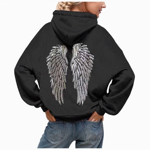 Gvdentm Womens Sequin Angel Wings Hoodies Y2k Graphic Oversized Hooded Sweatshirt Long Sleeve Jackets Fall Outfits