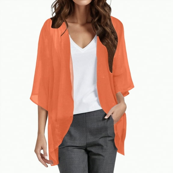 Gvdentm Womens Shrugs 3/4 Sleeve Women's Sheer Shrug Open Front Cardigan 3/4 Sleeve Shrug Sweater(Orange,2XL)
