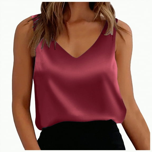 Gvdentm Womens Tops Casual Womens Silk Satin Tank Tops V Neck Casual Cami Sleeveless Camisole Blouses Summer Basic Tank Shirt(Wine,M)