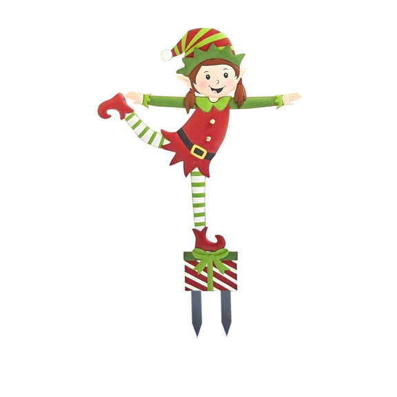 Gveqxzl Christmas Metal Elf Yard Stake, Dancing Girl Elf on Gift Box Lawn Sign, Holiday Pathway Patio Garden Ornament, Anti-Rust Winter Outdoor Landscape Decor
