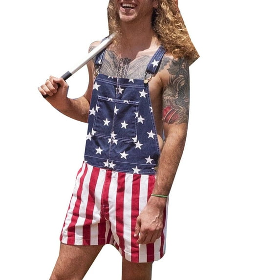 Gvmfive Men Denim Bibs Overalls American Flag Print Casual Jumpsuit Shorts Jeans