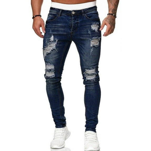 Gvmfive Men Denim Zip Fly Mid Rise Side Pockets Skinny Ripped Jeans