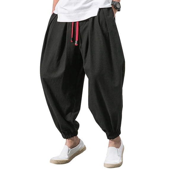 Gvmfive Men Drawstring Solid Side Pockets Chino Casual Harem Jogger Pants