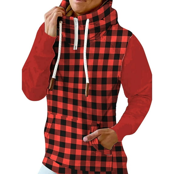 Gvmfive Men Plaid Mock Neck Drawstring Hoodies Pullover Sweatshirt with Pocket