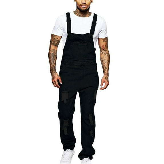 Gvmfive Men Solid Denim Overalls Loose Fit Suspender Workwear Ripped Bib Pants XS-3XL
