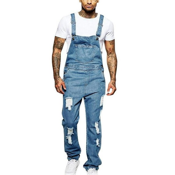 Gvmfive Men Solid Denim Overalls Loose Fit Suspender Workwear Ripped Bib Pants XS-3XL