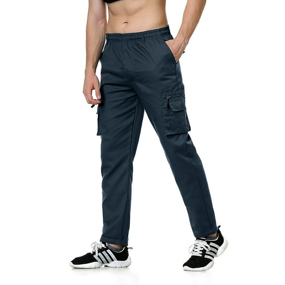 Gvmfive Men Solid Multi Pockets Elastic Waist Casual Cargo Pants