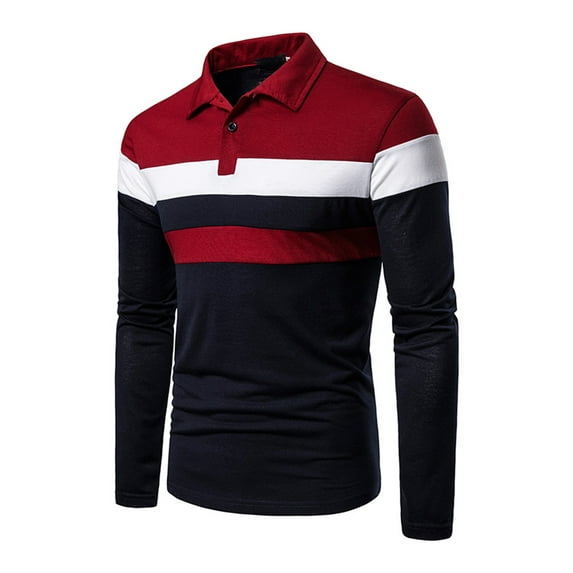 Gvmfive Men's Buttons Turn Down Collar Color Block Pullover Tops Long Sleeve Polo Shirt