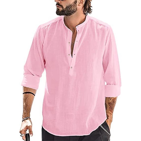 Gvmfive Mens Long Sleeve Solid Shirt Button Down Cotton Linen Shirts Tops