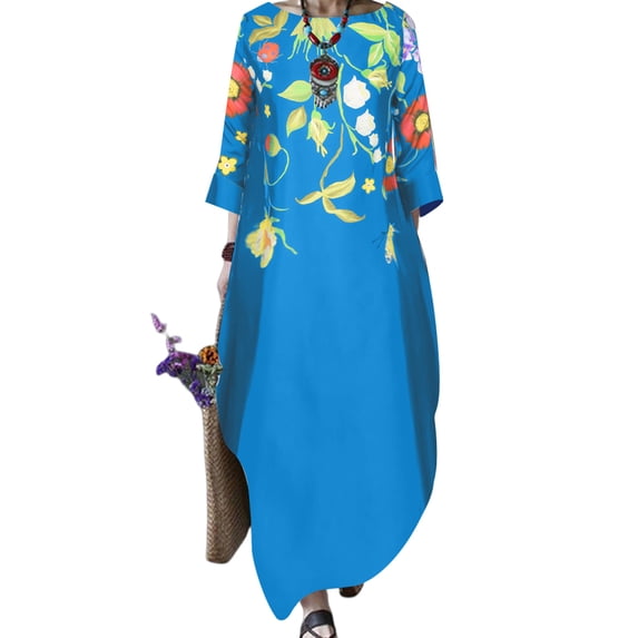 Gvmfive Plus Size Dress S-5XL Women Floral Print Maxi Dress Casual 3/4 Sleeve Long Dress