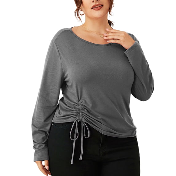 Gvmfive Plus Size Tops For Women Solid Long Sleeve Drawstring Shirts Blouse