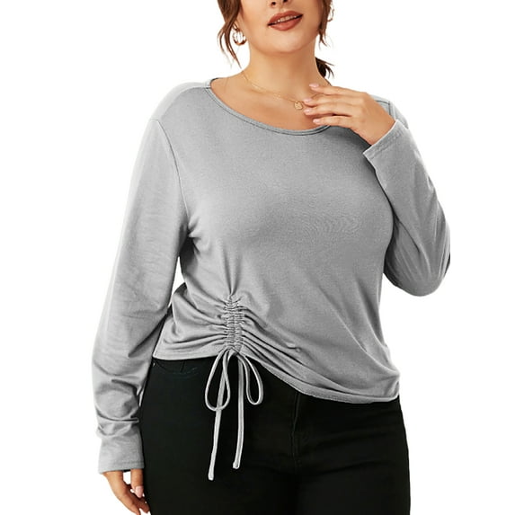 Gvmfive Plus Size Tops For Women Solid Long Sleeve Drawstring Shirts Blouse