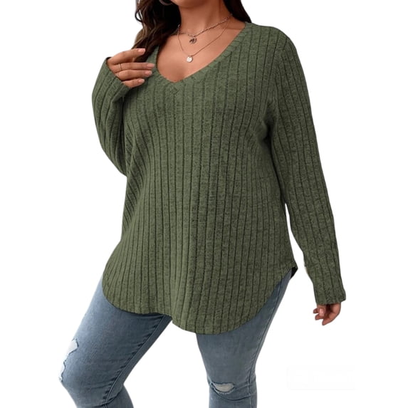 Gvmfive Plus Size Women Casual Solid Long Sleeve Blouse V Neck Tops Shirt