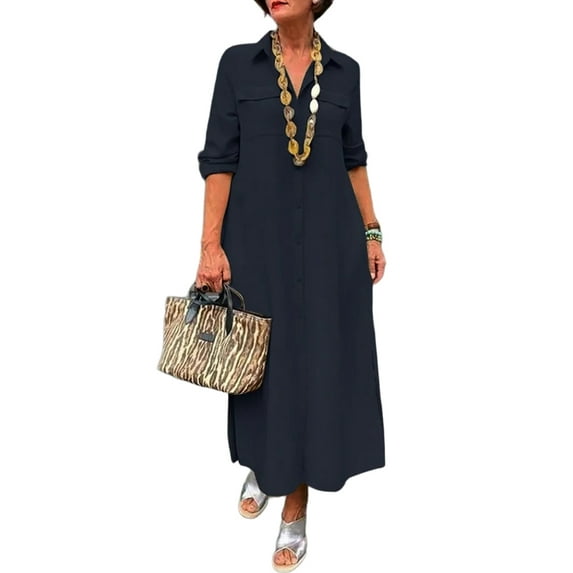 Gvmfive Plus Size Women Solid Color Long Sleeve Button Up Shirt Dress