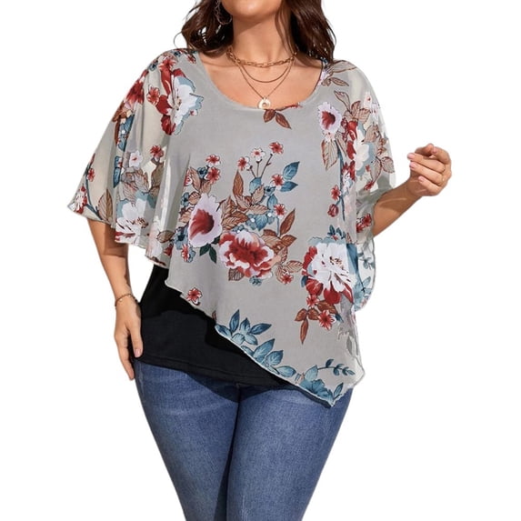Gvmfive Plus Size Womens Blouses Half Sleeve Floral Print Casual Tops Irregular Tunic Shirt