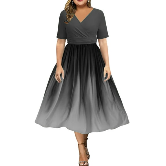 Gvmfive Plus Size Womens Gradient Color Short Sleeve Swing Midi Dress