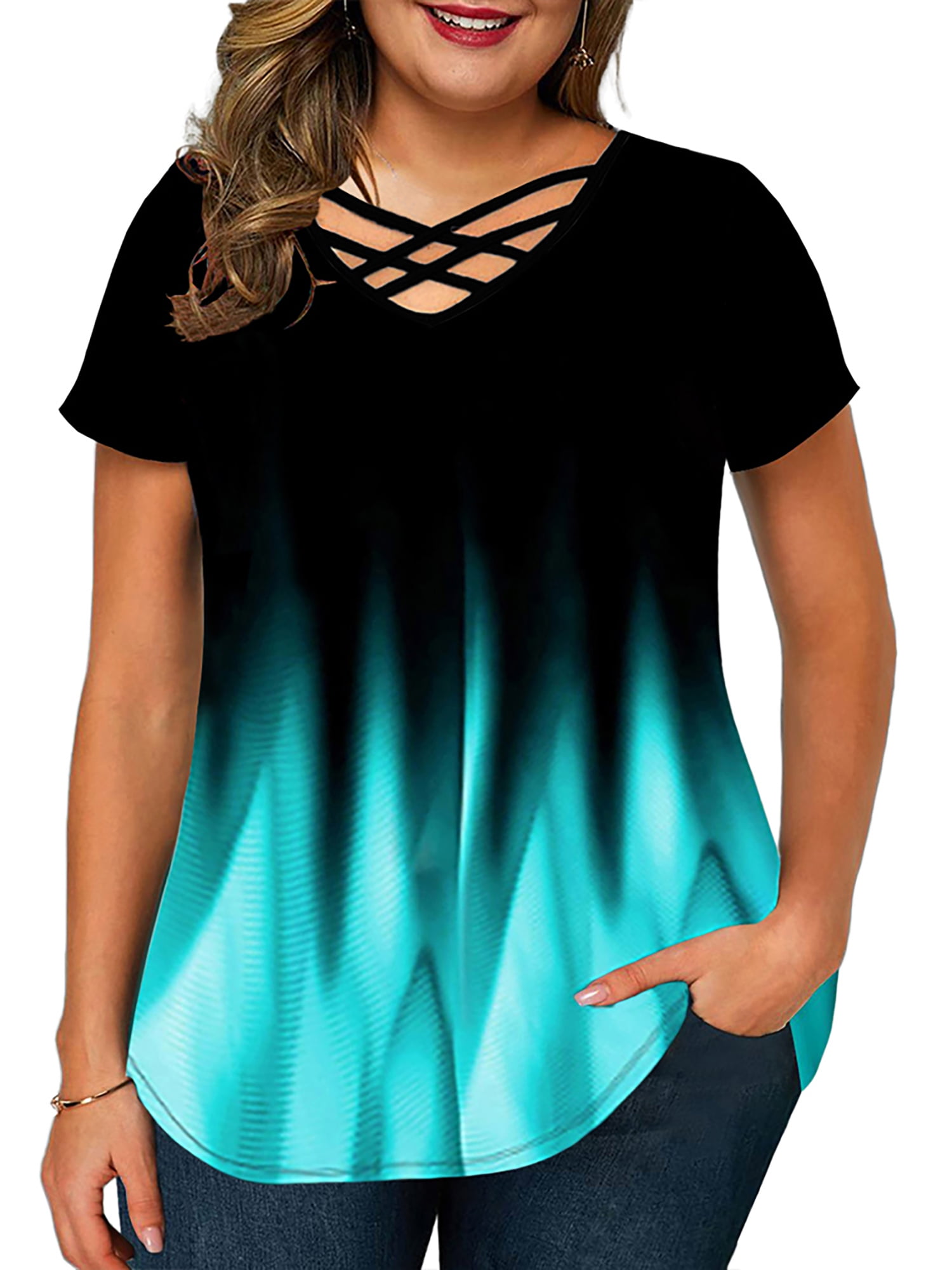 Gvmfive Plus Size Womens Short Sleeve Criss Cross V Neck Casual Tops ...