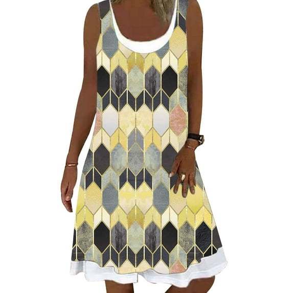 Gvmfive Summer Dresses for Women Round Neck Casual Printed Loose Beach Party Dress