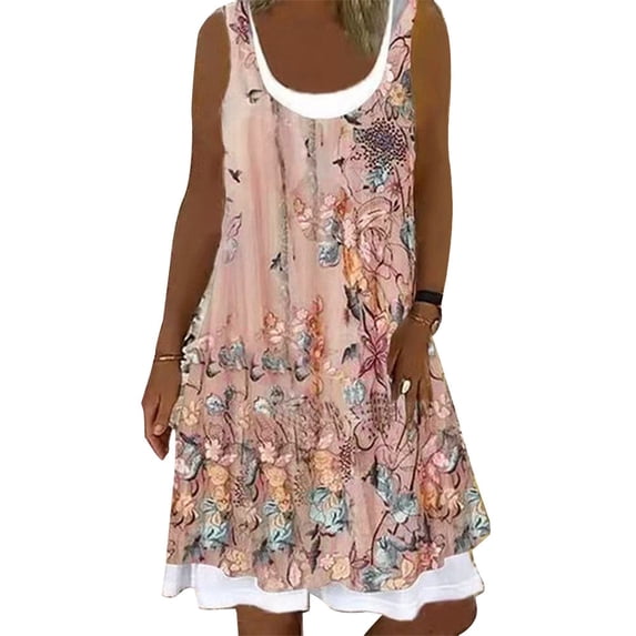 Gvmfive Summer Dresses for Women Round Neck Casual Printed Loose Beach Party Dress