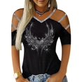 thumbnail image 1 of Gvmfive Women Blouses Rhinestone Short Sleeve Cold Shoulder Tunic Tops T Shirts, 1 of 2