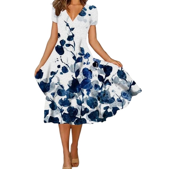 Gvmfive Women Boho Floral Print Short Sleeve Swing Dress Summer Party Beach Casual Midi Dress
