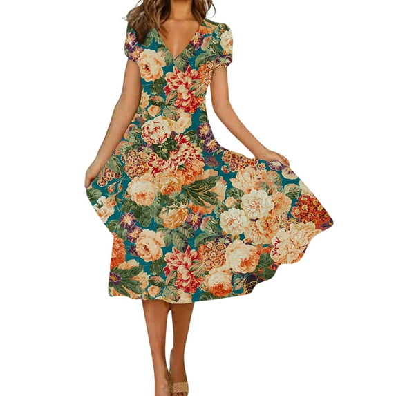 Gvmfive Women Summer Boho Floral Dress Short Sleeve Casual Midi Sundress