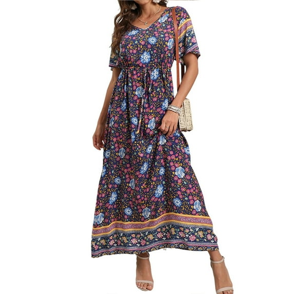 Gvmfive Women Boho Floral Short Sleeve Summer Maxi Dress Long Dresses