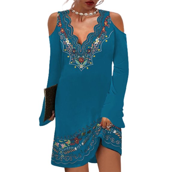 Gvmfive Women Boho Printed T-shirt Dress Long Sleeve Casual Loose Dress