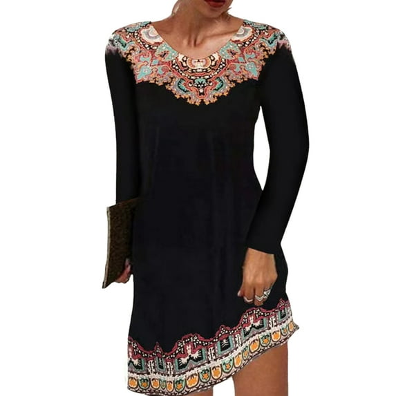 Gvmfive Women Boho Printed T-shirt Dress Long Sleeve Casual Loose Dress