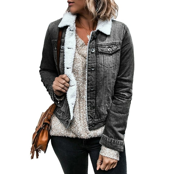 Gvmfive Women Button Down Fleece Lined Denim Jacket Coat with Pockets