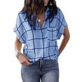 thumbnail image 1 of Gvmfive Women Casual Checked Print Short Sleeve Tops Loose V Neck Blouse Tops, 1 of 4