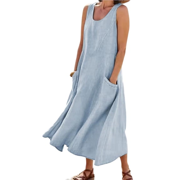 Gvmfive Women Casual Cotton Linen Sleeveless Pockets Loose Maxi Dress
