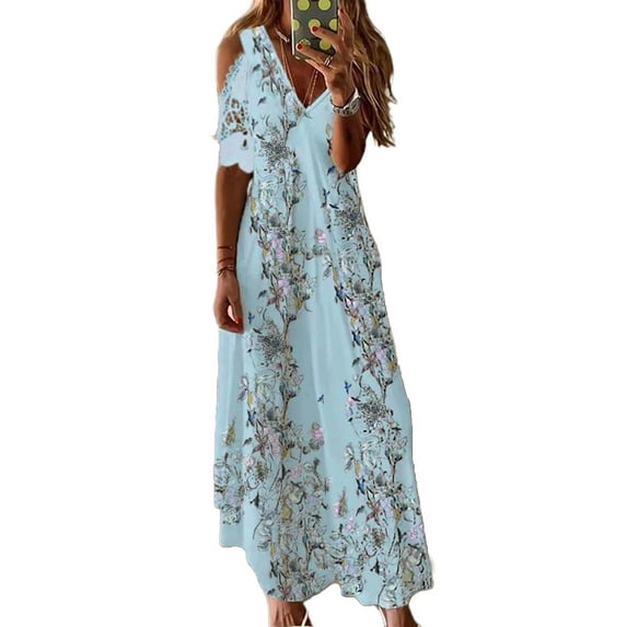 Gvmfive Women Casual Floral Print Lace Cold Shoulder Maxi Dress Short Sleeve Summer Party Long Dress