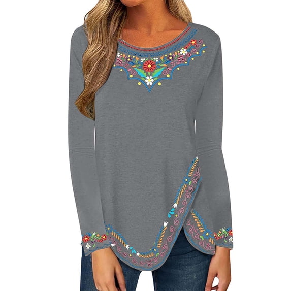 Gvmfive Women Casual Long Sleeve Asymmetrical Shirt Round Neck Floral Print Tunic Tops